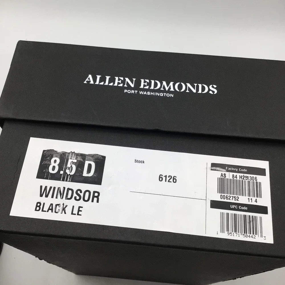 Allen Edmonds Windsor Black Plain Toe Derby Dress Shoes Size 8.5 D 6126 NEW
